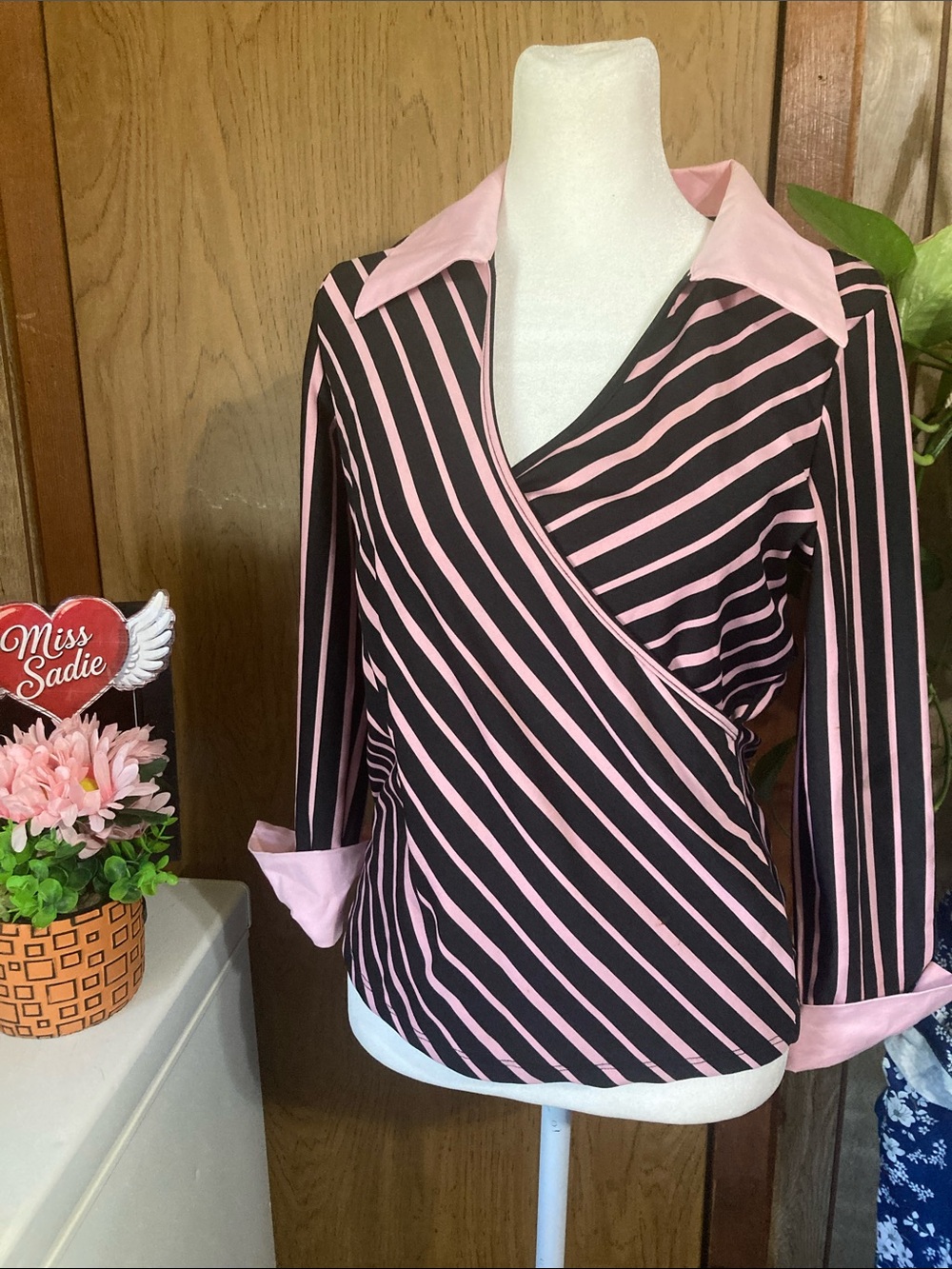 Striped Pink and Black Wrap-Style Blouse with Contrast Collar